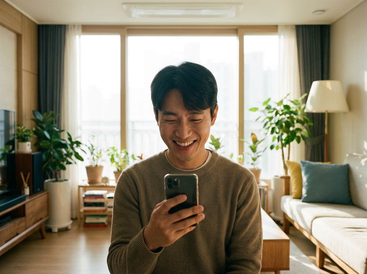 A happy Korean man in his 30s looking at his phone and smiling brightly in a living room, soft morning sunlight, feeling of relief and success, high quality photography, aspect ratio 4:3, no text.