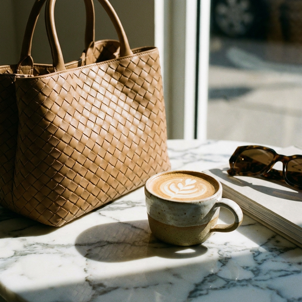 A close up of a luxury shopping bag and a coffee cup on a marble table, modern lifestyle, high-quality photography, 1:1, no visible text