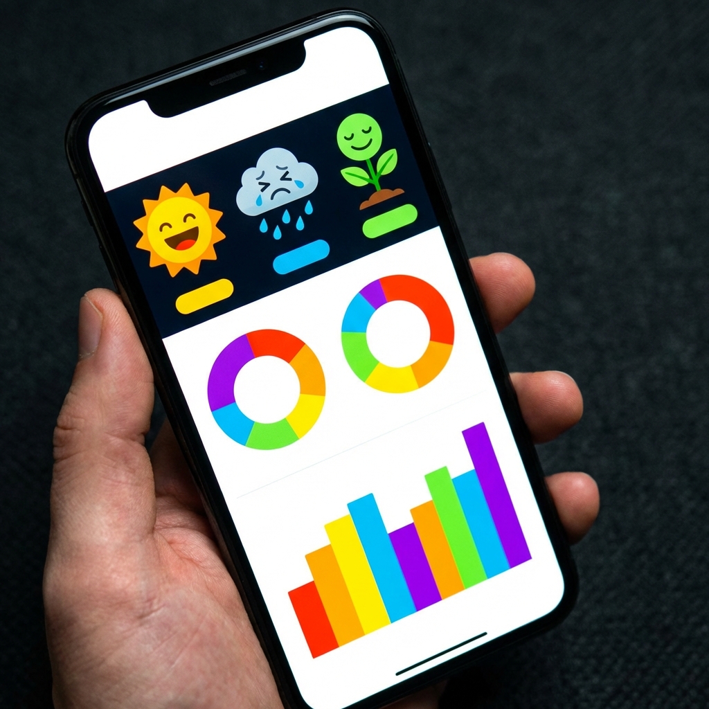 A smartphone screen showing a colorful budget app with emotion icons and spending charts, high contrast, 1:1, no visible text