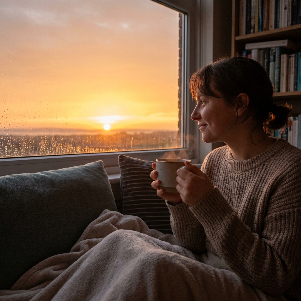 A serene person holding a cup of tea looking at a sunset through a window, peaceful atmosphere, realistic style, 1:1, no visible text
