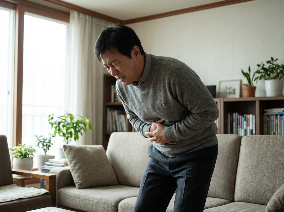 A middle-aged Korean man holding his upper stomach with a painful expression in a living room, soft natural lighting, realistic photography, 4:3 ratio, no text