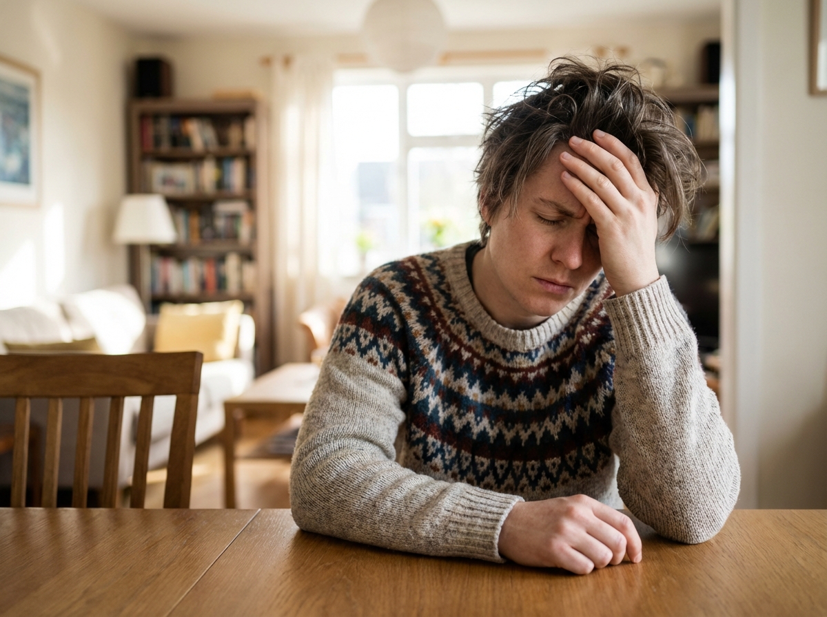 A person sitting at a dining table holding their forehead with a dizzy expression, blurred background, realistic style, soft daylight, 4:3 ratio, no text