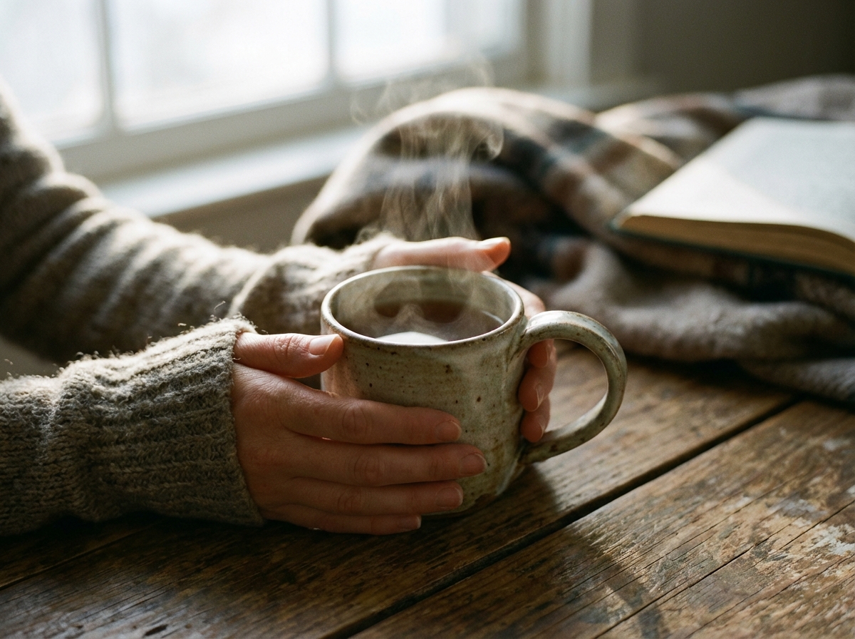 Hands holding a warm ceramic mug of tea on a wooden table, steam rising, peaceful and calming atmosphere, close up shot, 4:3 ratio, no text