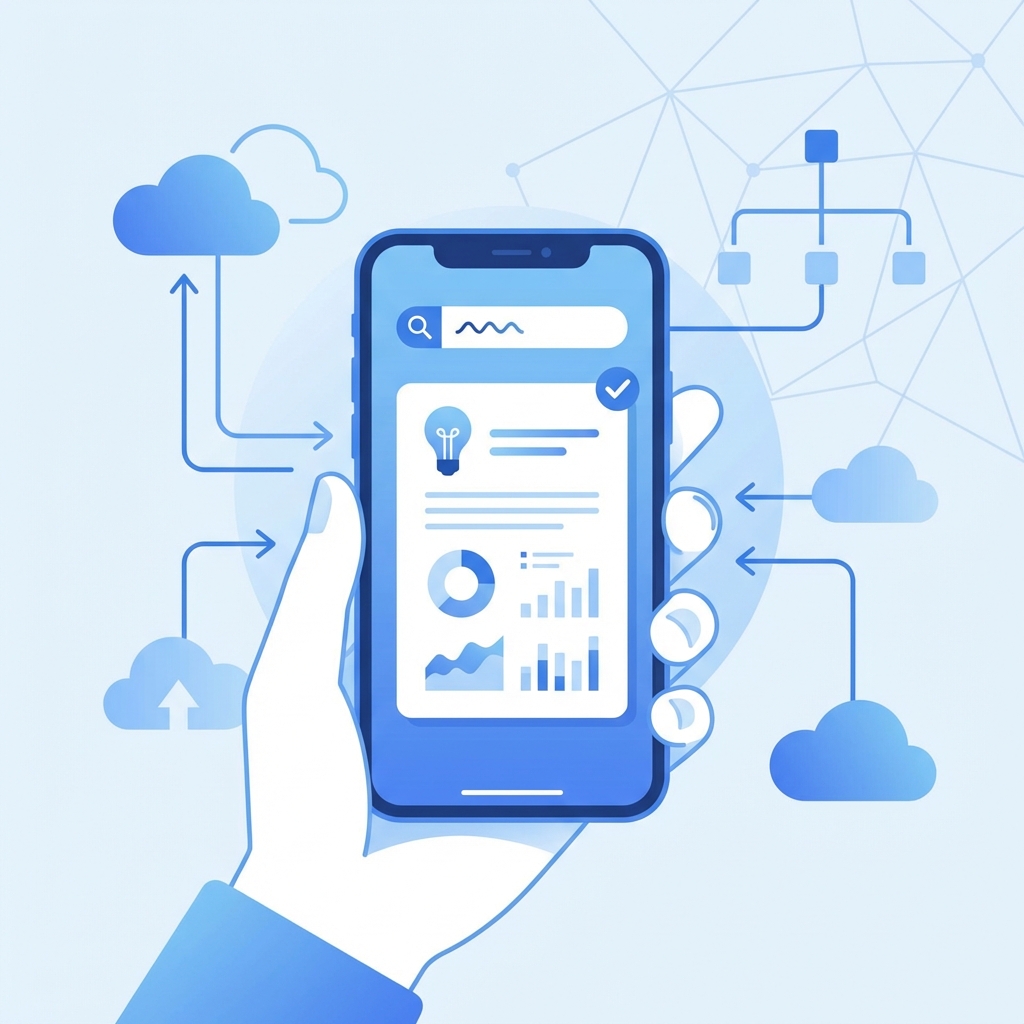 Infographic showing a user searching on a smartphone and getting an instant answer without clicking links, modern flat design, blue and white theme, aspect ratio 1:1, no visible text