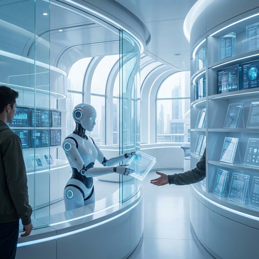A modern digital library with an AI robot librarian handing a specific book to a person, futuristic and clean style, aspect ratio 1:1, no visible text