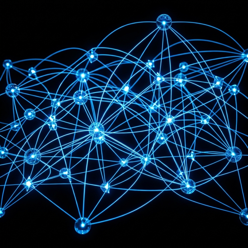Visual representation of a knowledge graph or interconnected data nodes, glowing blue lines on a dark background, high contrast, aspect ratio 1:1, no visible text