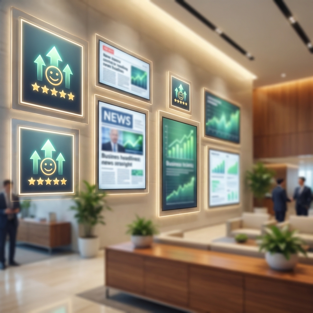 Multiple digital screens showing positive star ratings and news articles about a brand, professional atmosphere, aspect ratio 1:1, no visible text