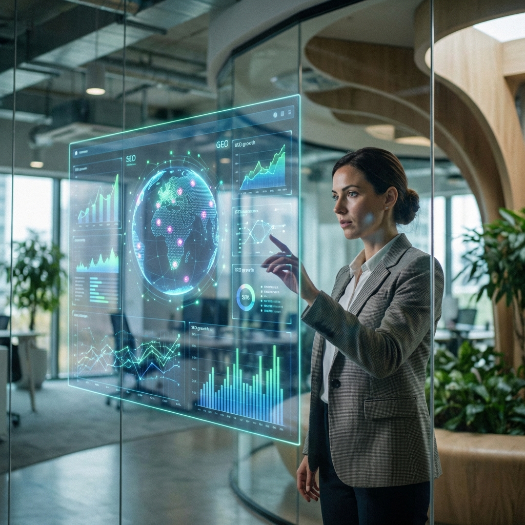 A business professional looking at a holographic dashboard showing SEO and GEO growth metrics, futuristic office, aspect ratio 1:1, no visible text