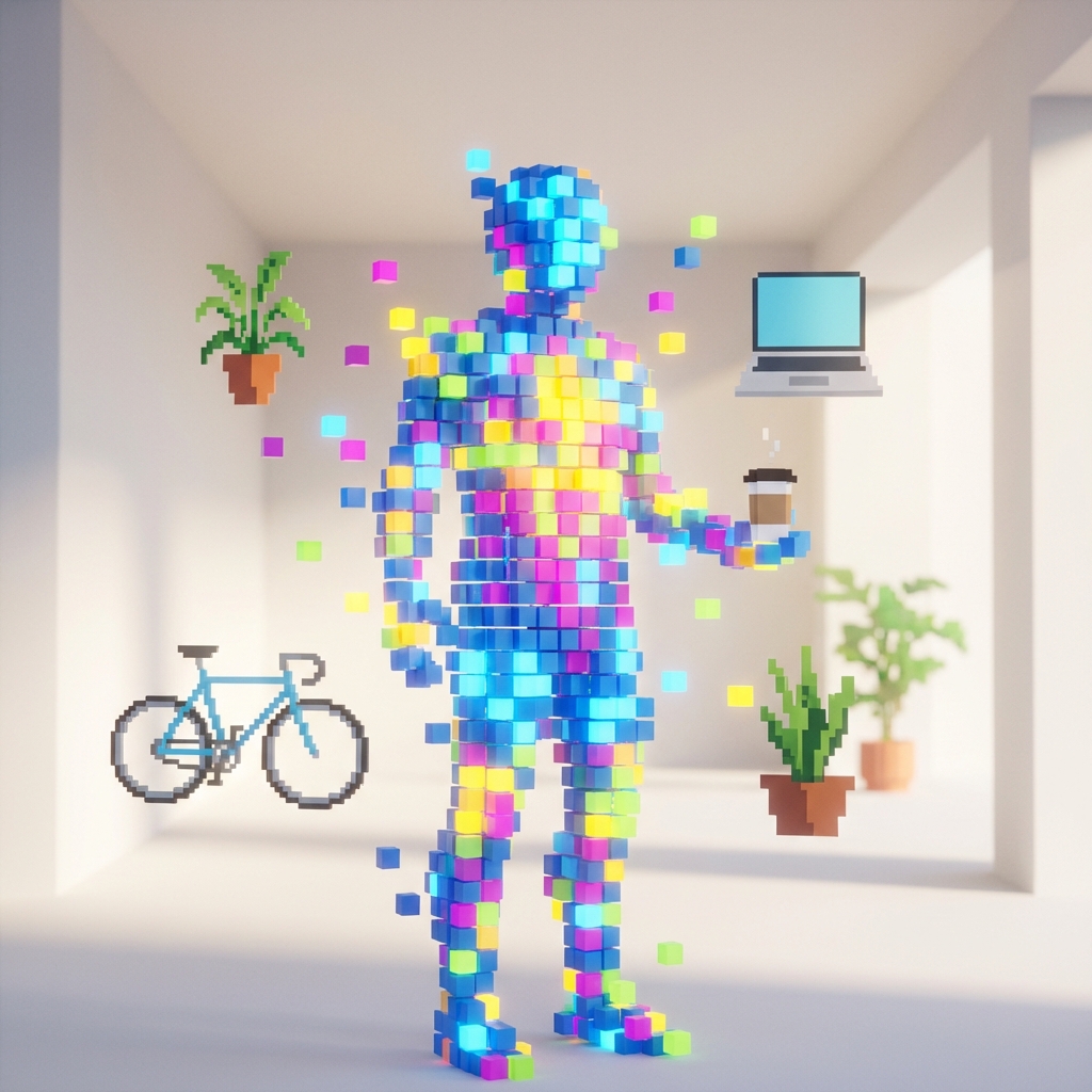 A high-quality conceptual image showing colorful pixel blocks coming together to form a unique human lifestyle shape, modern aesthetic, vibrant colors, 1:1 aspect ratio, no text
