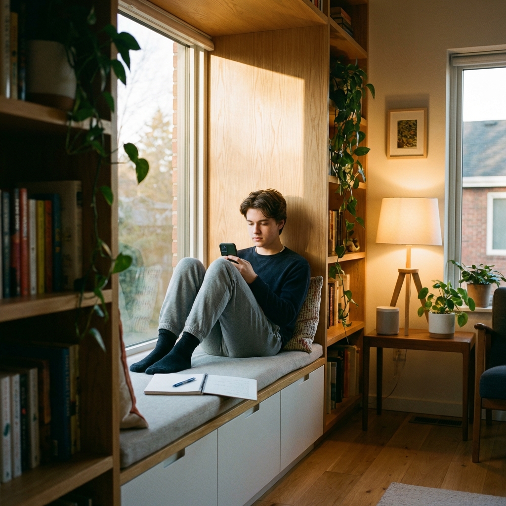 Lifestyle photography of a young person using a smartphone for a 10-minute learning session in a cozy modern room, warm lighting, natural setting, 1:1 aspect ratio, no text