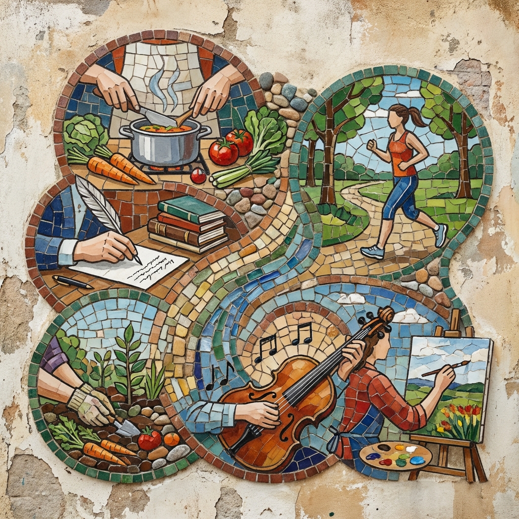 Artistic illustration representing a mosaic of different hobbies and tasks like cooking writing and jogging combined into one harmonious layout, textured background, 1:1 aspect ratio, no text