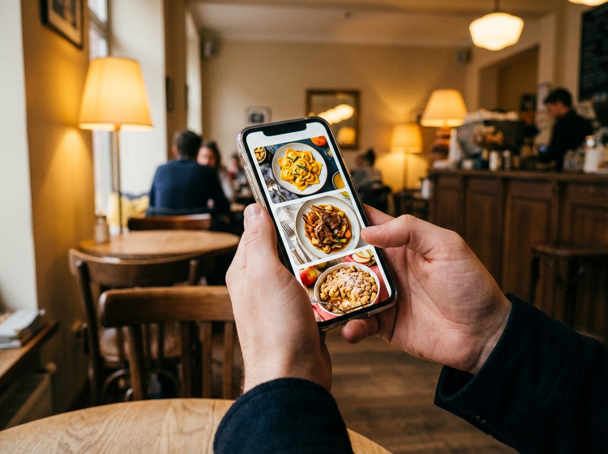 A person holding a smartphone showing a food delivery app with vibrant photos of seasonal dishes, cozy indoor cafe background, warm lighting, 4:3, no text