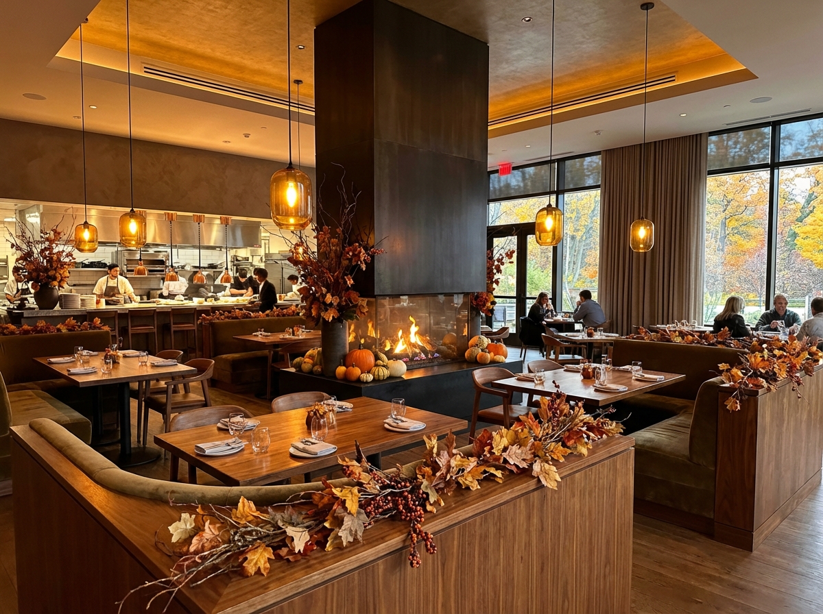 Modern restaurant interior decorated with seasonal elements like autumn leaves and warm wooden furniture, elegant atmosphere, wide angle shot, 4:3, no text