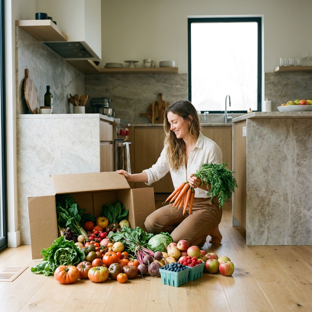 A person unpacking a cardboard box filled with fresh organic vegetables and seasonal fruits in a clean modern kitchen, lifestyle scene, 1:1, no text