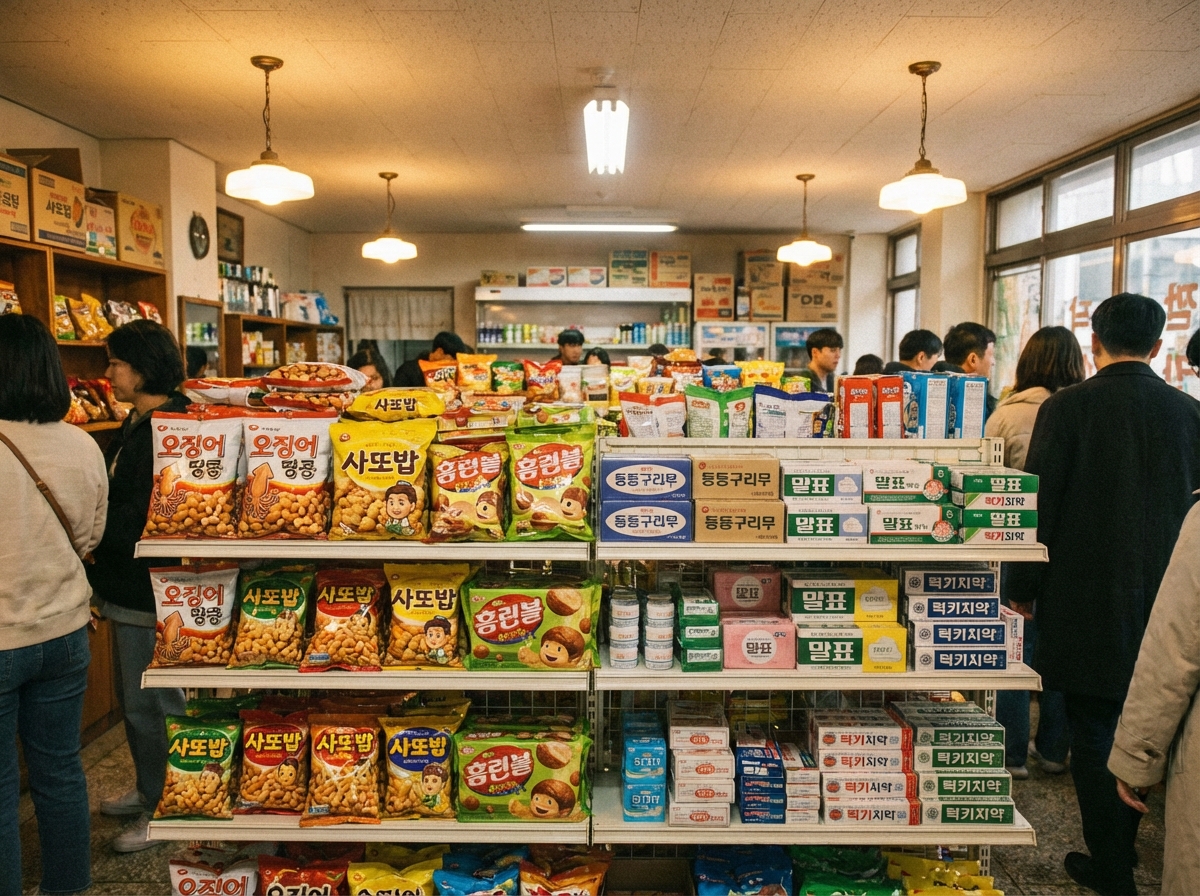 A wide shot of a retail store shelf filled with retro South Korean products from the 1970s and 80s, vintage packaging of snacks and household goods, warm nostalgic lighting, high quality lifestyle photography, 4:3, no visible text