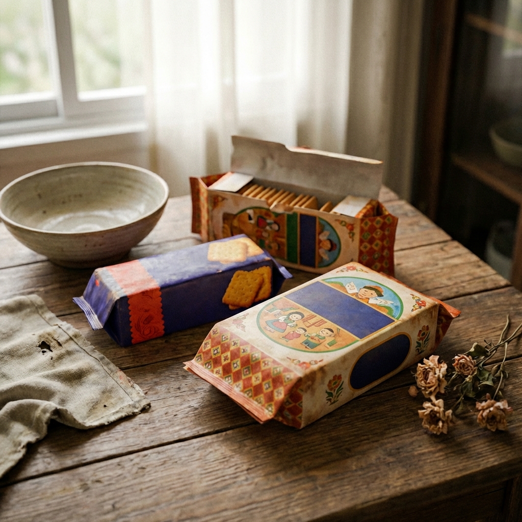 Still life photography of vintage Korean snack packages like Ace crackers and Matdongsan, 1970s retro style design, wooden table background, natural soft lighting, 1:1, no visible text