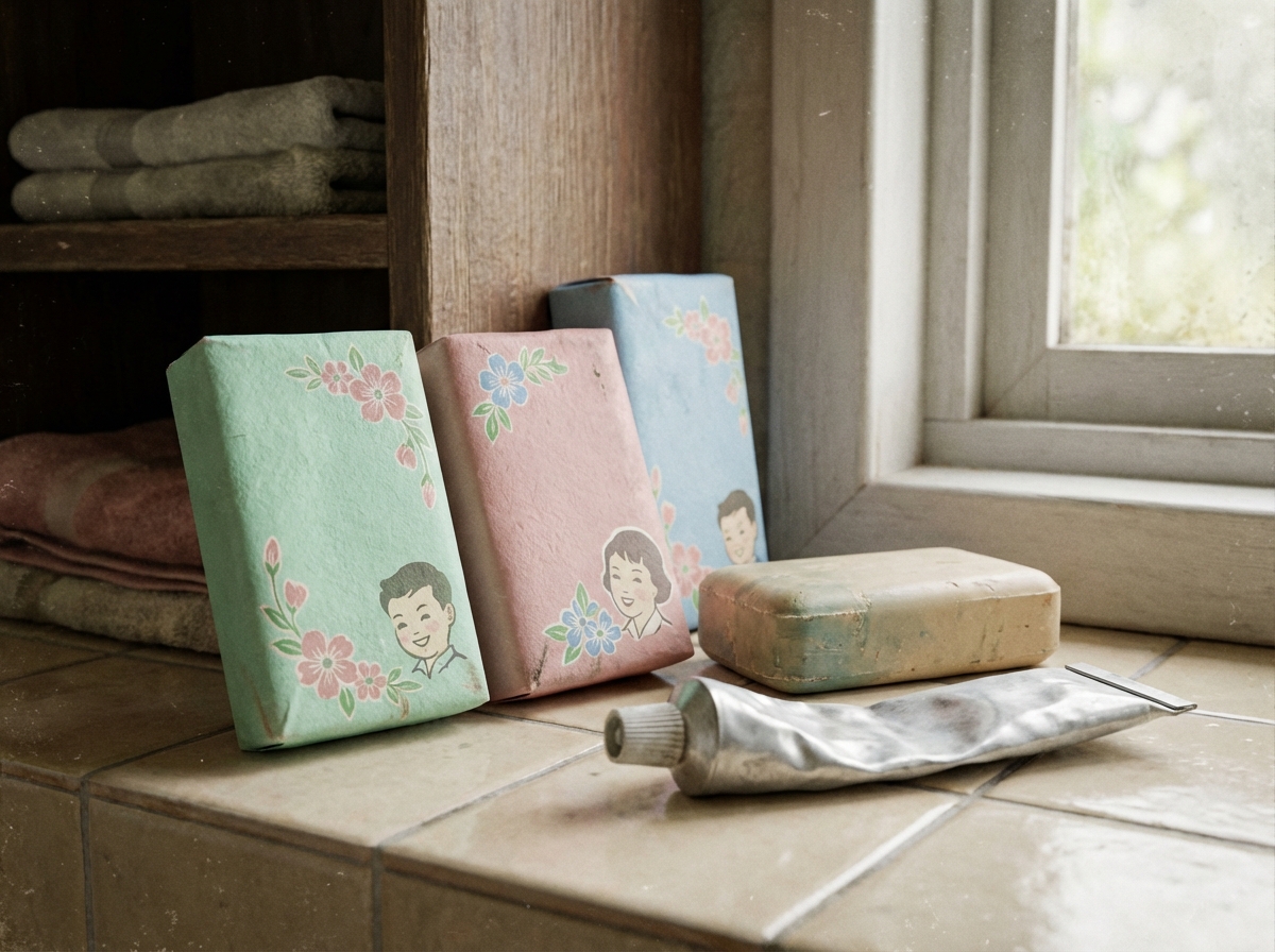 Close up shot of vintage Korean soap and toothpaste with 1950s style packaging, retro bathroom setting, soft pastel colors, textured paper packaging, 4:3, no visible text