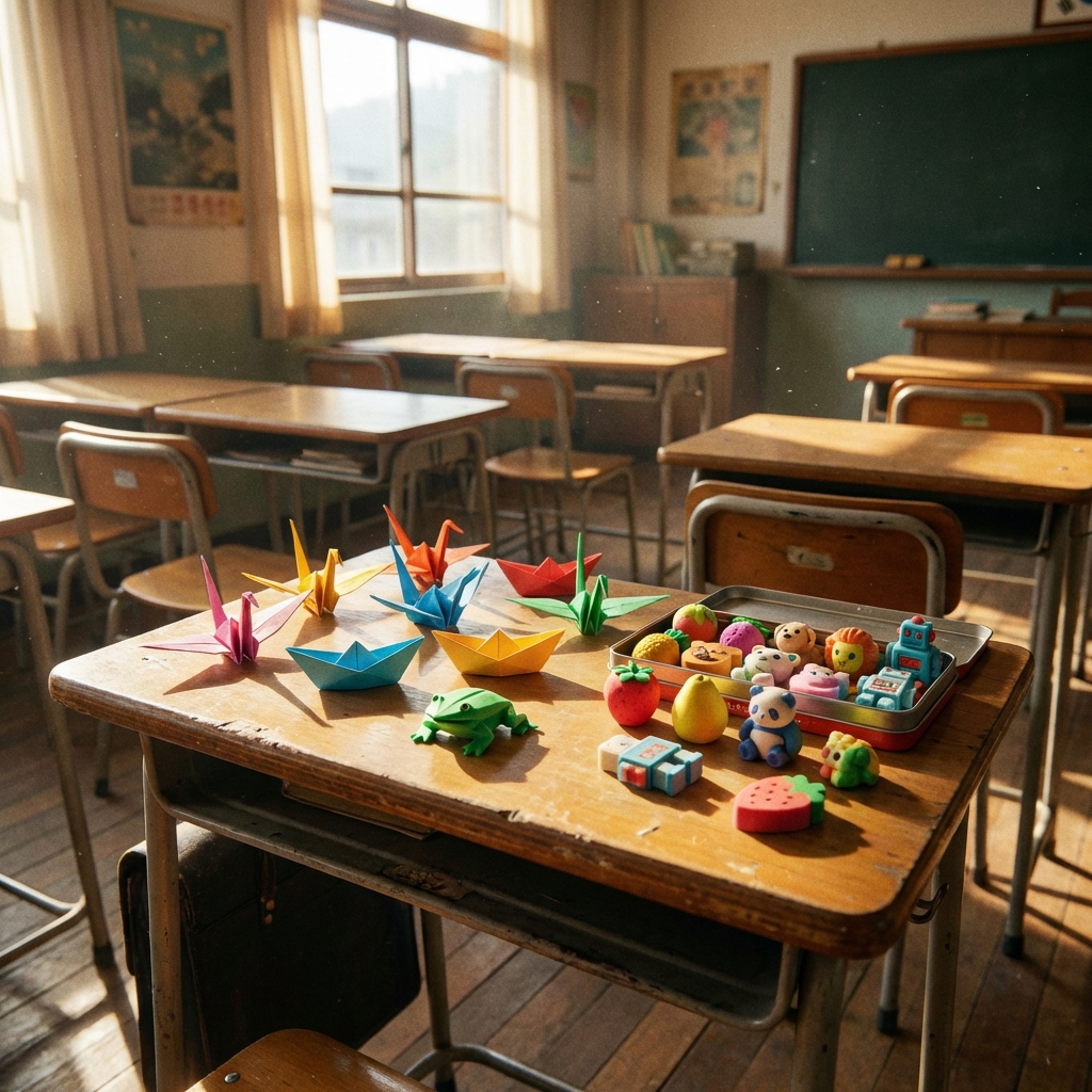 A wooden school desk with colorful origami papers and retro Korean erasers, 1980s nostalgic school atmosphere, sunlight streaming through a window, 1:1, no visible text