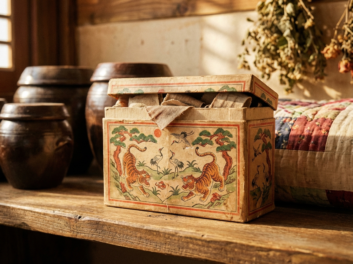 Detailed shot of a vintage first aid bandage box with traditional design, nostalgic Korean home interior background, warm earthy tones, 4:3, no visible text