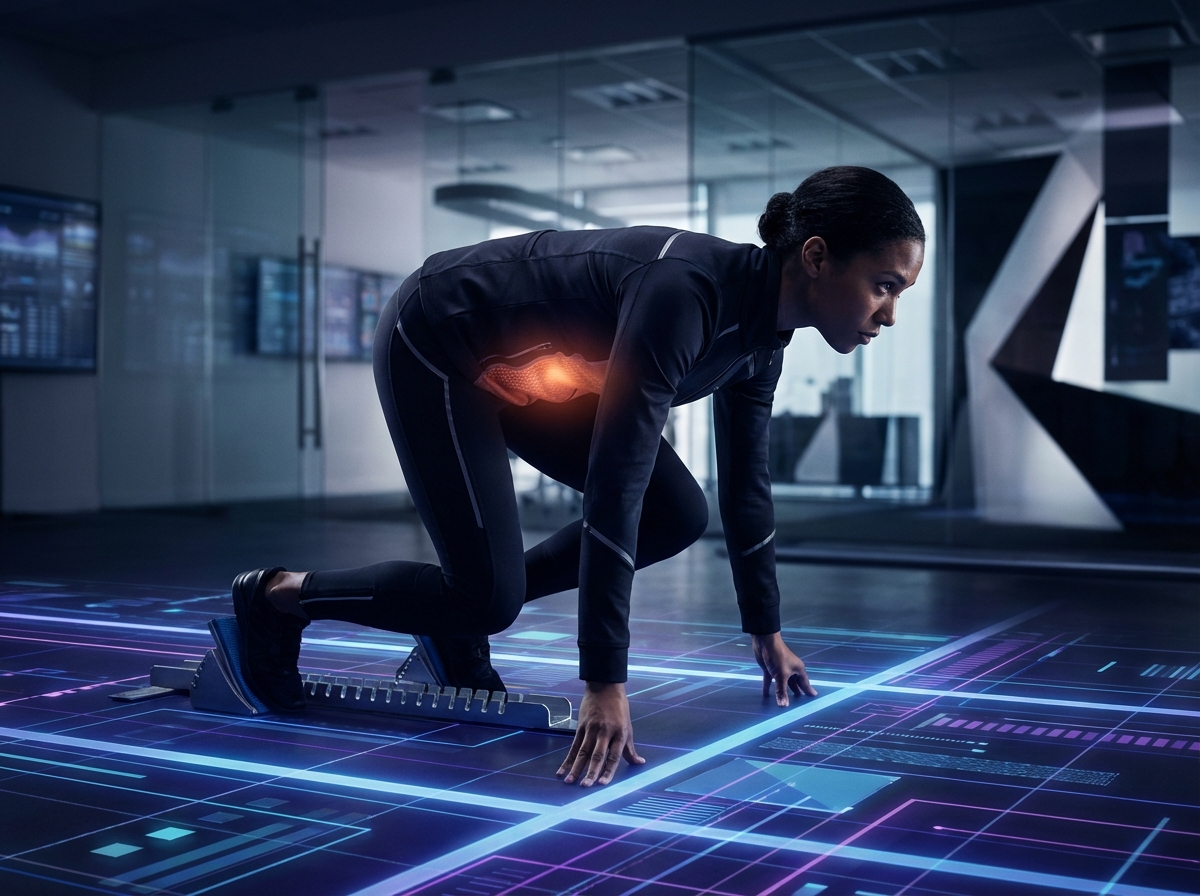A professional person in a modern athletic suit in a starting sprint position on a glowing digital track, core area of the body softly illuminated to represent core strength, futuristic office background, high contrast, cinematic lighting, 4:3, no visible text