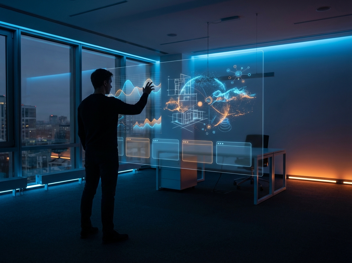 A focused individual interacting with a large holographic interface showing complex data and AI prompt windows, modern minimalist office, blue and orange lighting, high-tech atmosphere, 4:3, no visible text