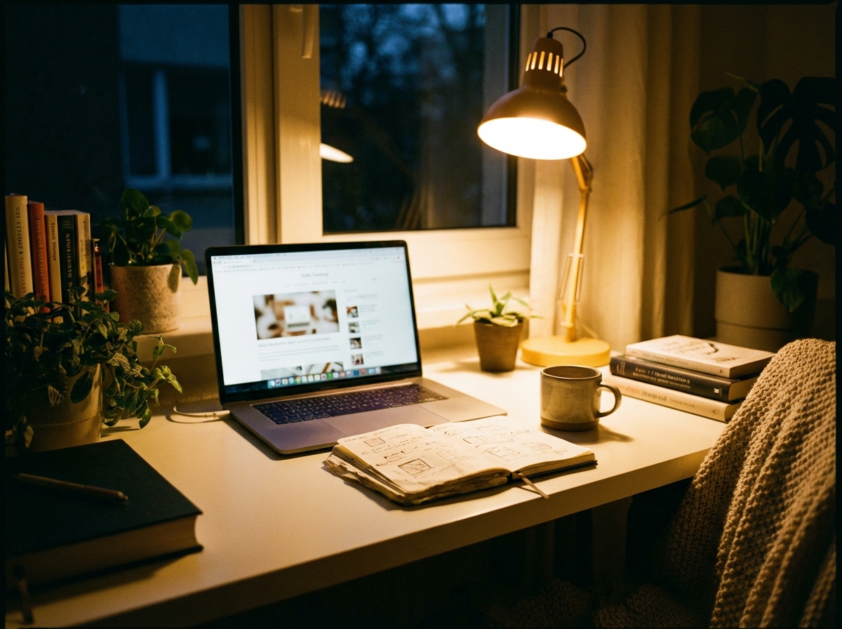 A cozy home office desk with a laptop, a notebook, and a coffee mug, warm evening lighting from a desk lamp, soft focus on the screen showing a blog layout, creative and peaceful atmosphere, 4:3, no visible text