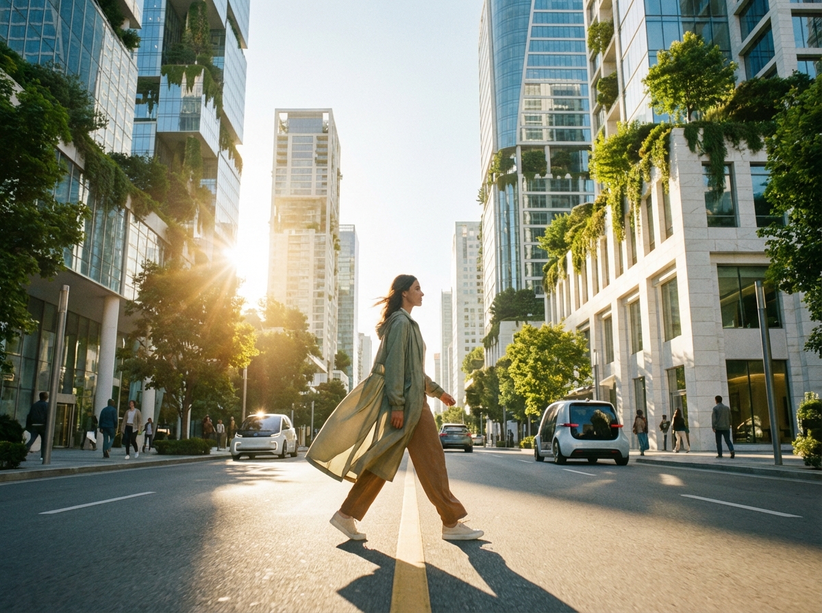A confident person walking forward in a bright futuristic city street with clean architecture and greenery, morning sunlight, wide angle view, hopeful and inspiring mood, 4:3, no visible text
