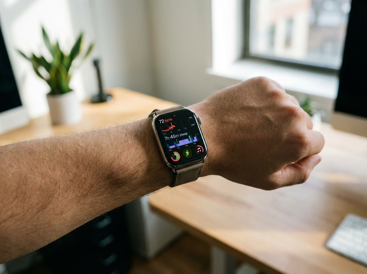 A close-up shot of a person's wrist wearing a modern smartwatch displaying health metrics like heart rate and sleep data, clean office background, realistic photography, natural lighting, 4:3 aspect ratio, no text.