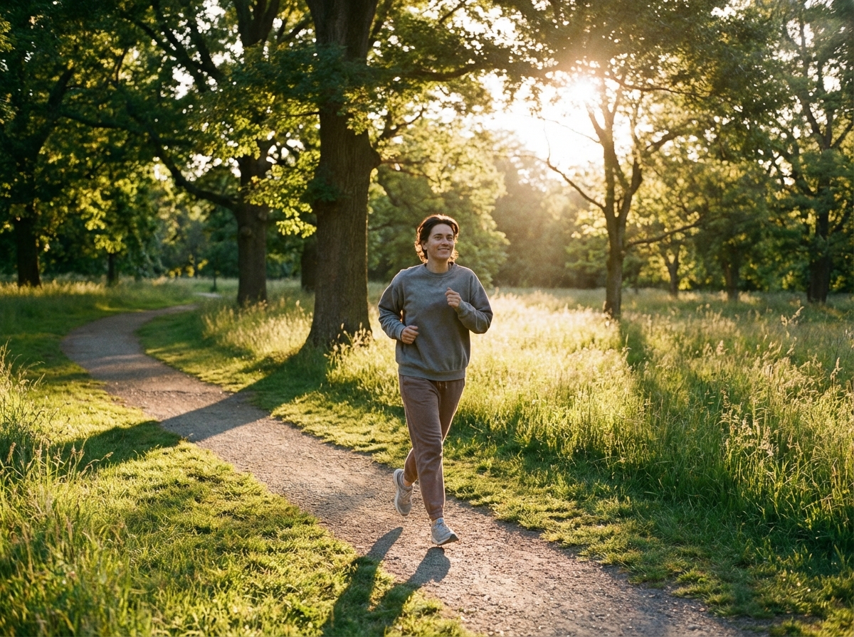 A person in comfortable sportswear jogging slowly in a beautiful green park during golden hour, peaceful atmosphere, realistic lifestyle photography, warm lighting, 4:3 aspect ratio, no text.