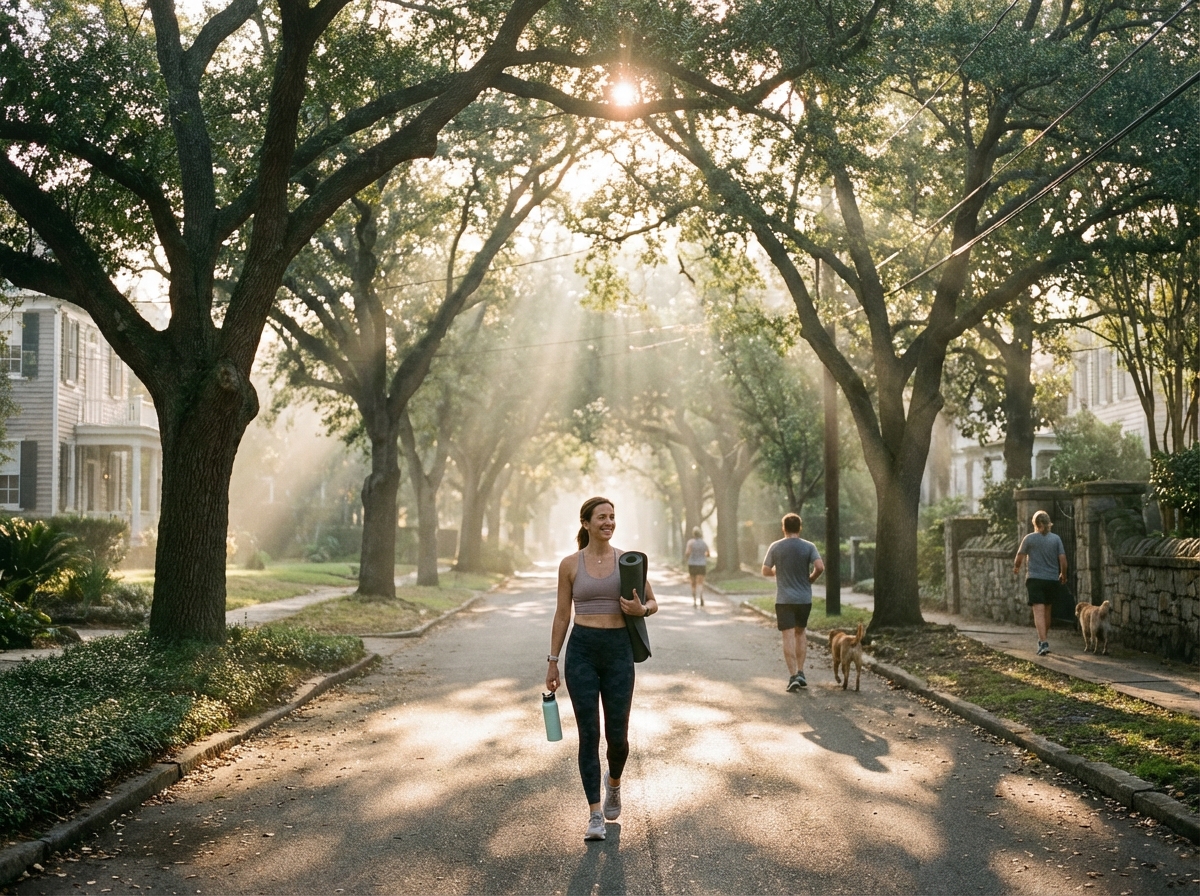 A person walking down a tree-lined street with bright morning sunlight filtering through leaves, serene and healthy lifestyle vibe, realistic photography, 4:3 aspect ratio, no text.