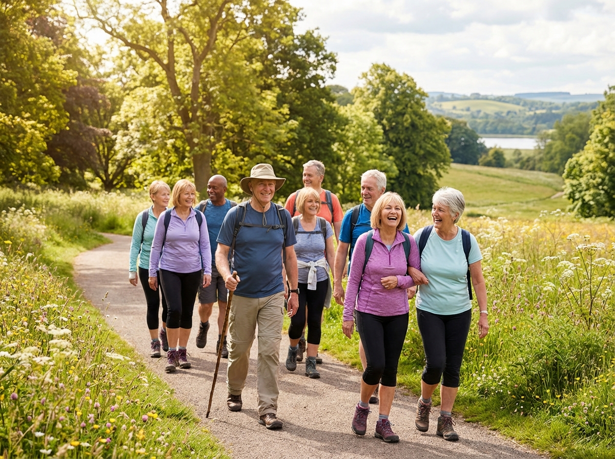 A group of healthy middle-aged and elderly people smiling and walking together in a vibrant outdoor setting, representing longevity and wellness, realistic and uplifting atmosphere, 4:3 aspect ratio, no text.
