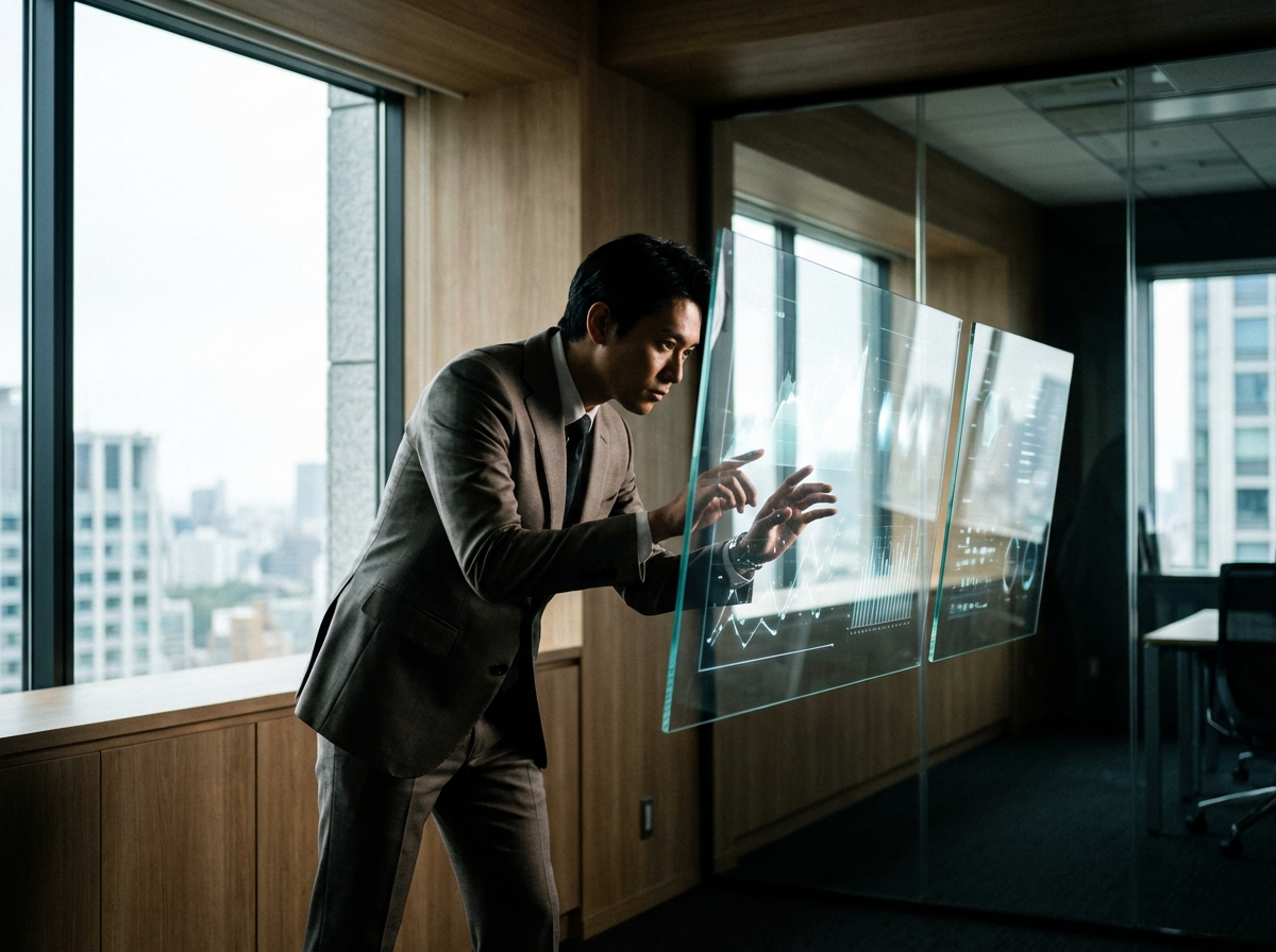 A professional office setting where a person is carefully reviewing digital data displayed on multiple transparent glass screens. High contrast, clean and professional lighting, realistic photography style, focus on the human interaction with technology, no text, 4:3 aspect ratio.