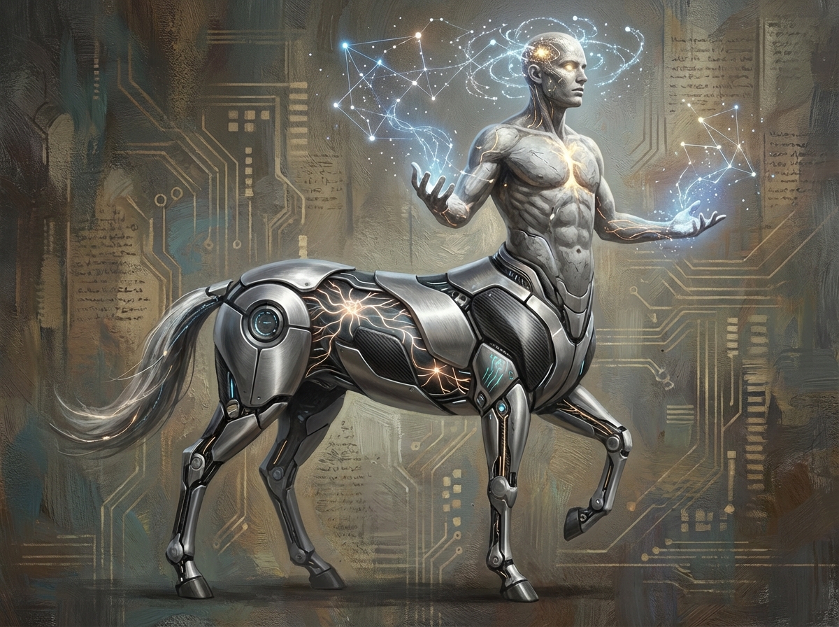 A creative and artistic rendering of a modern centaur symbolizing the union of human wisdom and AI power. The upper body is a human figure with glowing thoughts, and the lower body is a sleek mechanical structure. High-quality digital art, textured background, no text, 4:3 aspect ratio.
