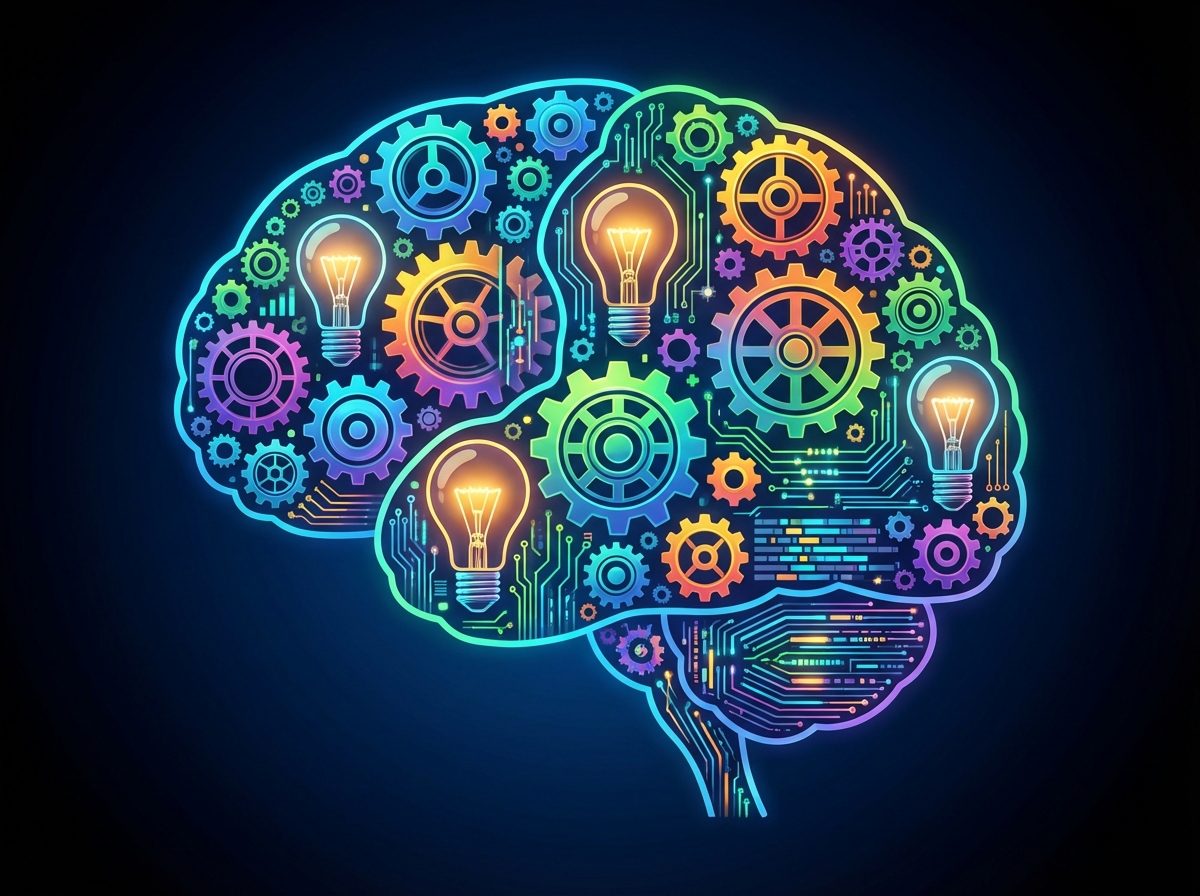 A visually rich composition of a human brain silhouette filled with colorful gears, light bulbs, and digital circuits. Vibrant colors, dark gradient background, high resolution, modern graphic design style, no text, 4:3 aspect ratio.