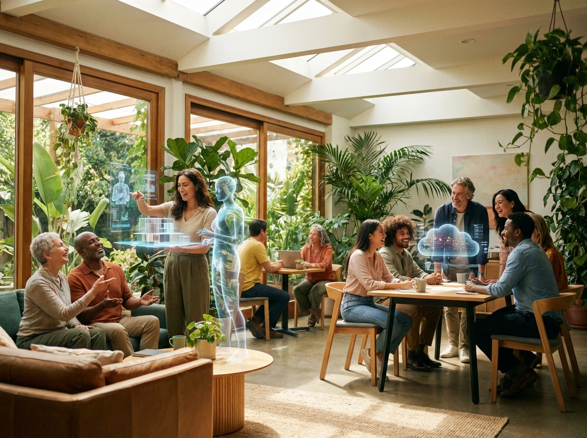 A warm and inviting scene of a group of diverse people collaborating with holographic AI assistants in a sunny, green-filled modern co-working space. Natural lighting, lifestyle photography, realistic and optimistic mood, no text, 4:3 aspect ratio.