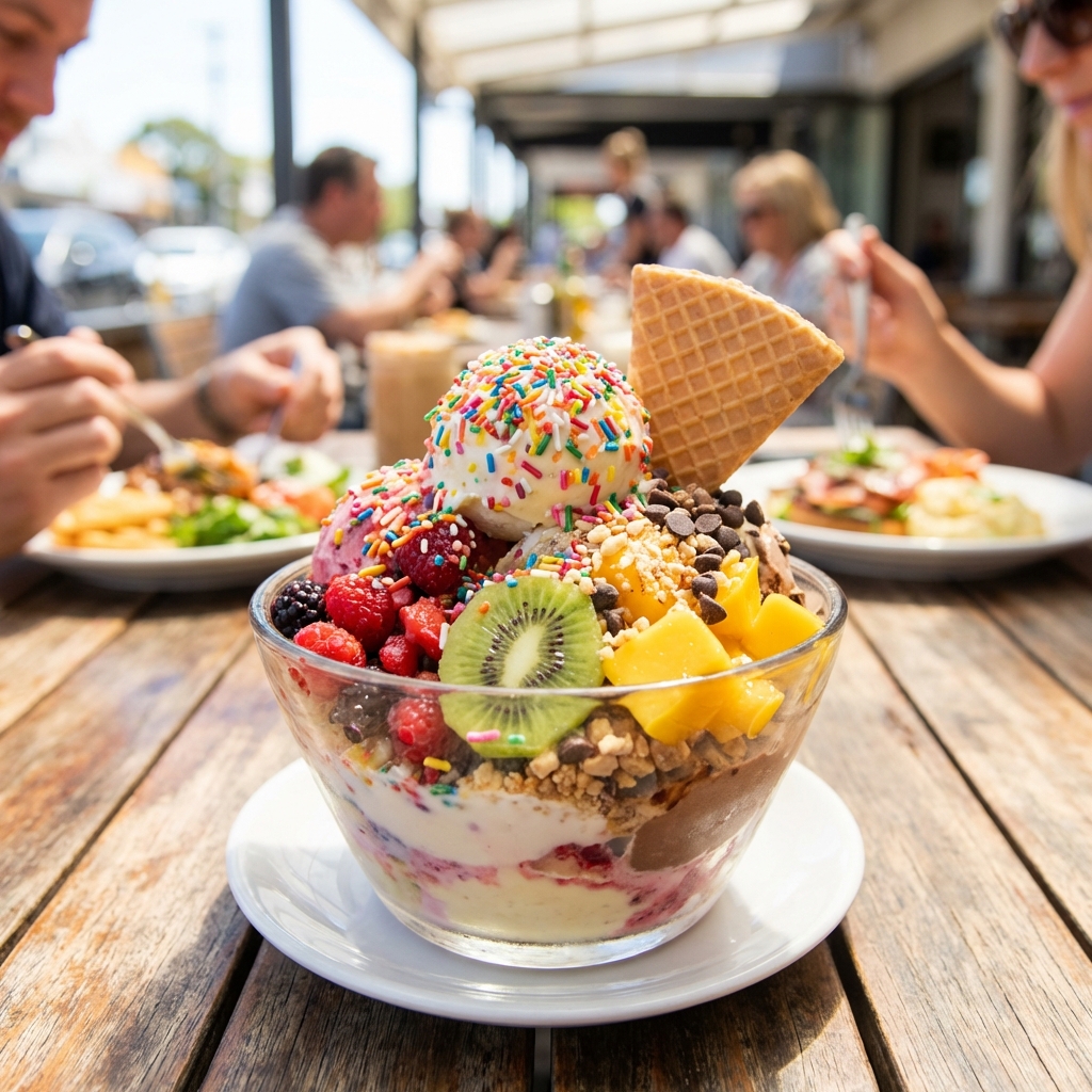 A delicious sundae with various toppings like sprinkles and fruit, representing diverse consumer choices in the topping economy. Vibrant and appetizing lifestyle photography, natural lighting, 1:1 aspect ratio, no text.