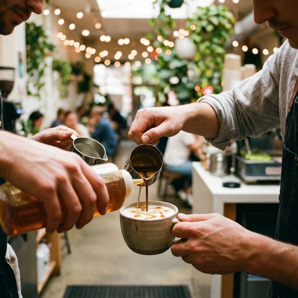 A barista adding extra espresso shots and syrup to a coffee cup in a trendy cafe. Warm lighting, realistic lifestyle photography, shallow depth of field, 1:1 aspect ratio, no text.