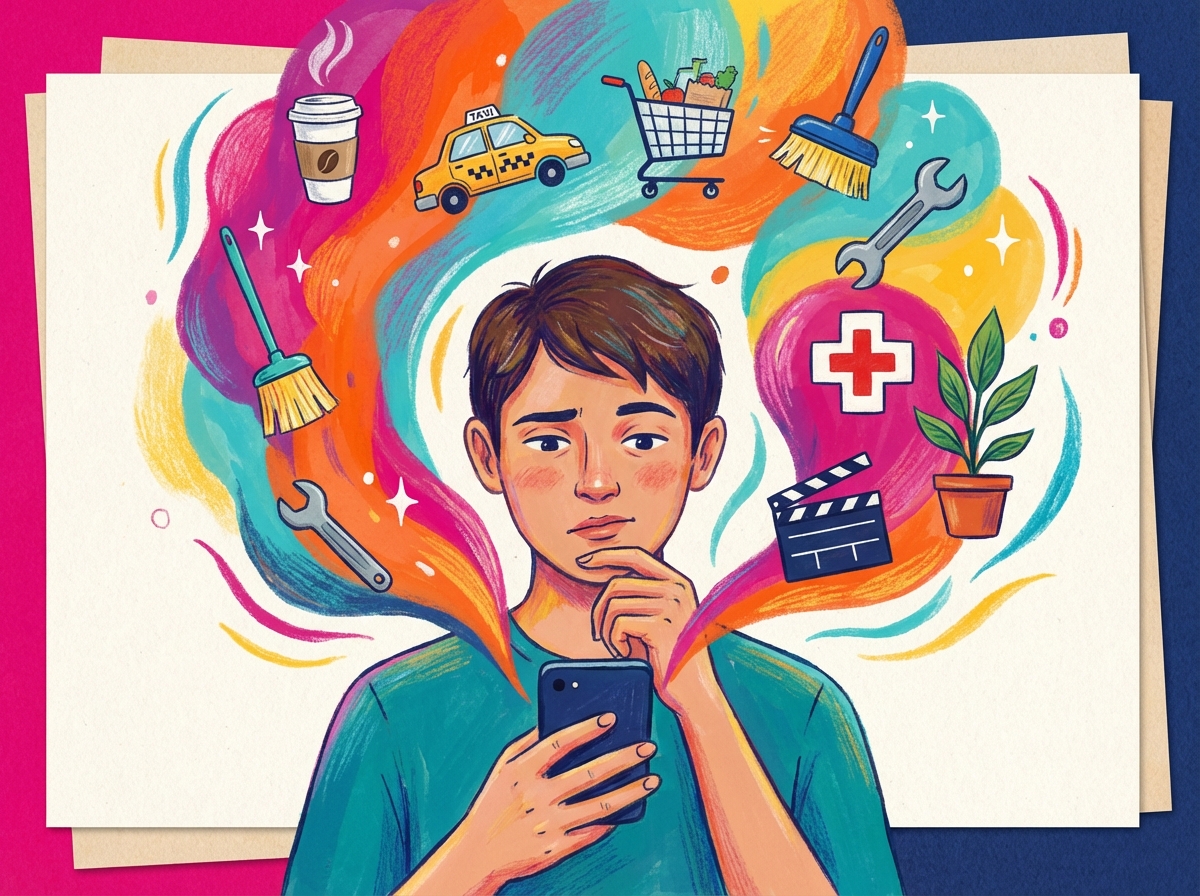 A young adult looking thoughtfully at a smartphone screen, surrounded by floating icons of different service options. Creative illustration, vibrant colors, textured background, 4:3 aspect ratio, no text.