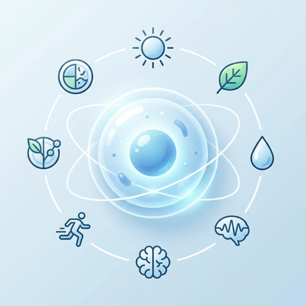 A clean and modern infographic style illustration representing well-aging and slow-aging concepts. It features a glowing cell at the center surrounded by healthy lifestyle icons like a sun, a leaf, and a water drop. Soft blue and white color palette, high contrast, 1:1 aspect ratio, no text.
