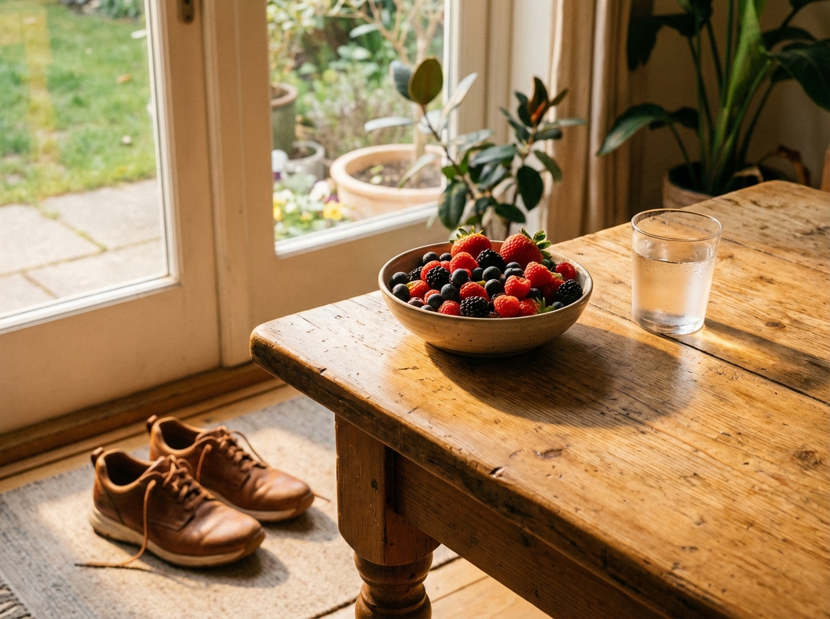 Lifestyle photography of a wooden table featuring a bowl of fresh colorful berries, a glass of clear water, and a pair of clean walking shoes nearby. Warm morning sunlight streaming through a window, natural setting, 4:3 aspect ratio, no text.