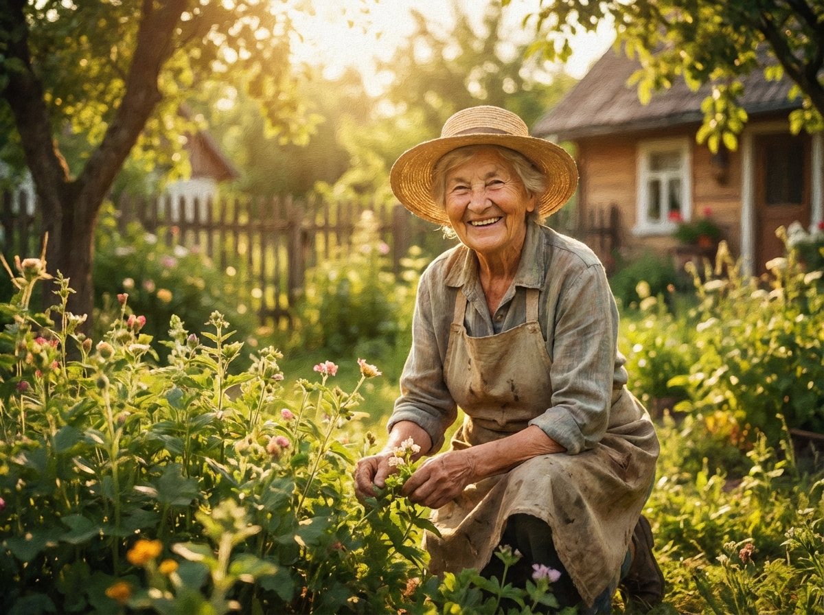 A peaceful and warm scene of an elderly person smiling while gardening in a sunlit backyard. Vibrant green plants, soft focus background, artistic rendering with a textured feel, 4:3 aspect ratio, no text.