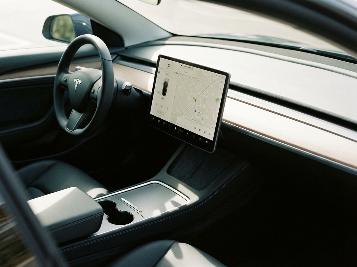 Detailed close up of a Tesla interior minimalist dashboard and large screen, clean aesthetic, natural lighting, 4:3 aspect ratio, no text.