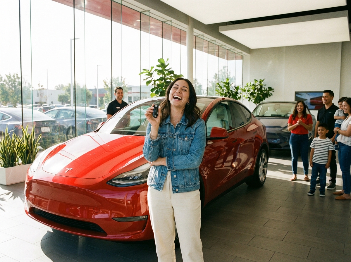 A happy person standing next to a new Tesla in a bright delivery center, holding keys, lifestyle photography, 4:3 aspect ratio, no text.