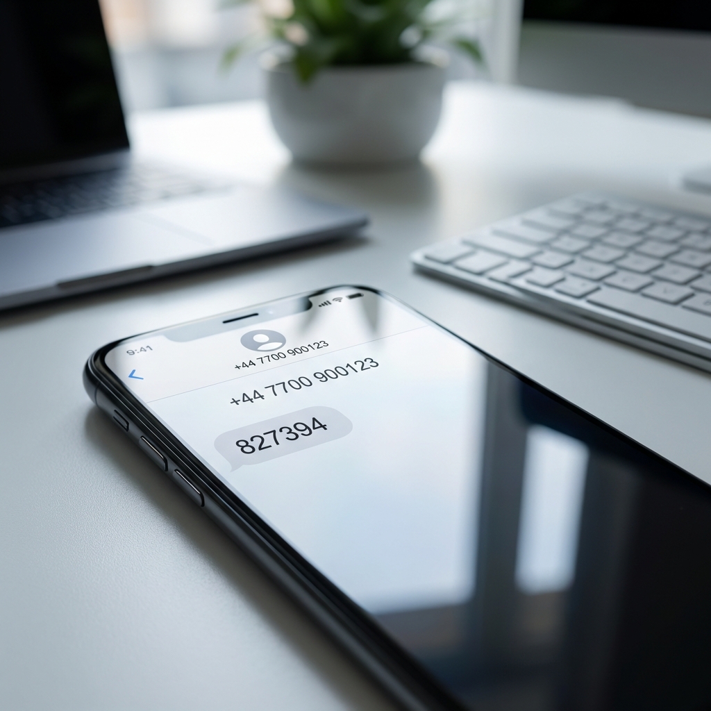 A close-up of a smartphone screen showing an incoming international SMS with a numeric verification code. The background is a modern office desk with soft lighting. 1:1 aspect ratio, high resolution, realistic style, no visible text on phone except numbers.