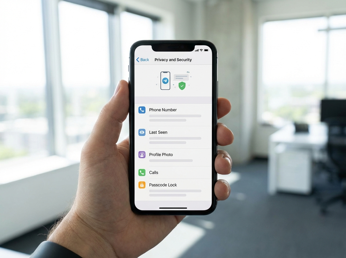 Hand holding a smartphone displaying the Telegram settings interface with a focus on Privacy and Security options. Clean and modern aesthetic, professional photography, 4:3 aspect ratio, natural lighting, no text.