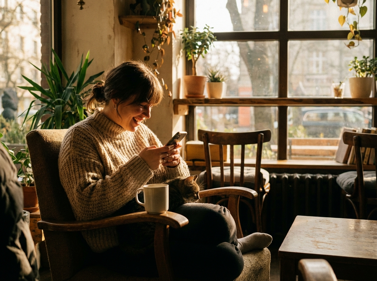 A person looking relaxed and happy while using their smartphone in a cozy cafe setting. Warm evening sunlight, lifestyle photography, 4:3 aspect ratio, cinematic quality, no text.