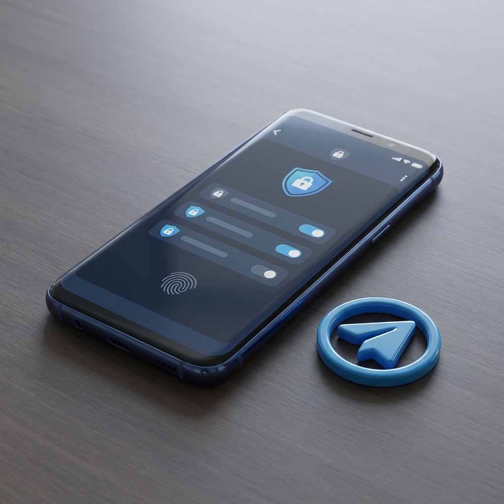 A modern smartphone displaying a secure messaging app interface with a focus on security settings, a sleek telegram-style blue icon nearby, high-quality 3D render, soft studio lighting, 1:1 aspect ratio, no visible text