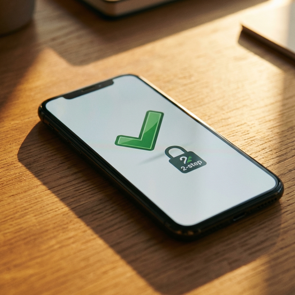 A close-up of a smartphone screen showing a large green checkmark indicating a successful security setup, 2-step verification concept, warm sunlight hitting the desk, professional photography style, 1:1 aspect ratio, no visible text