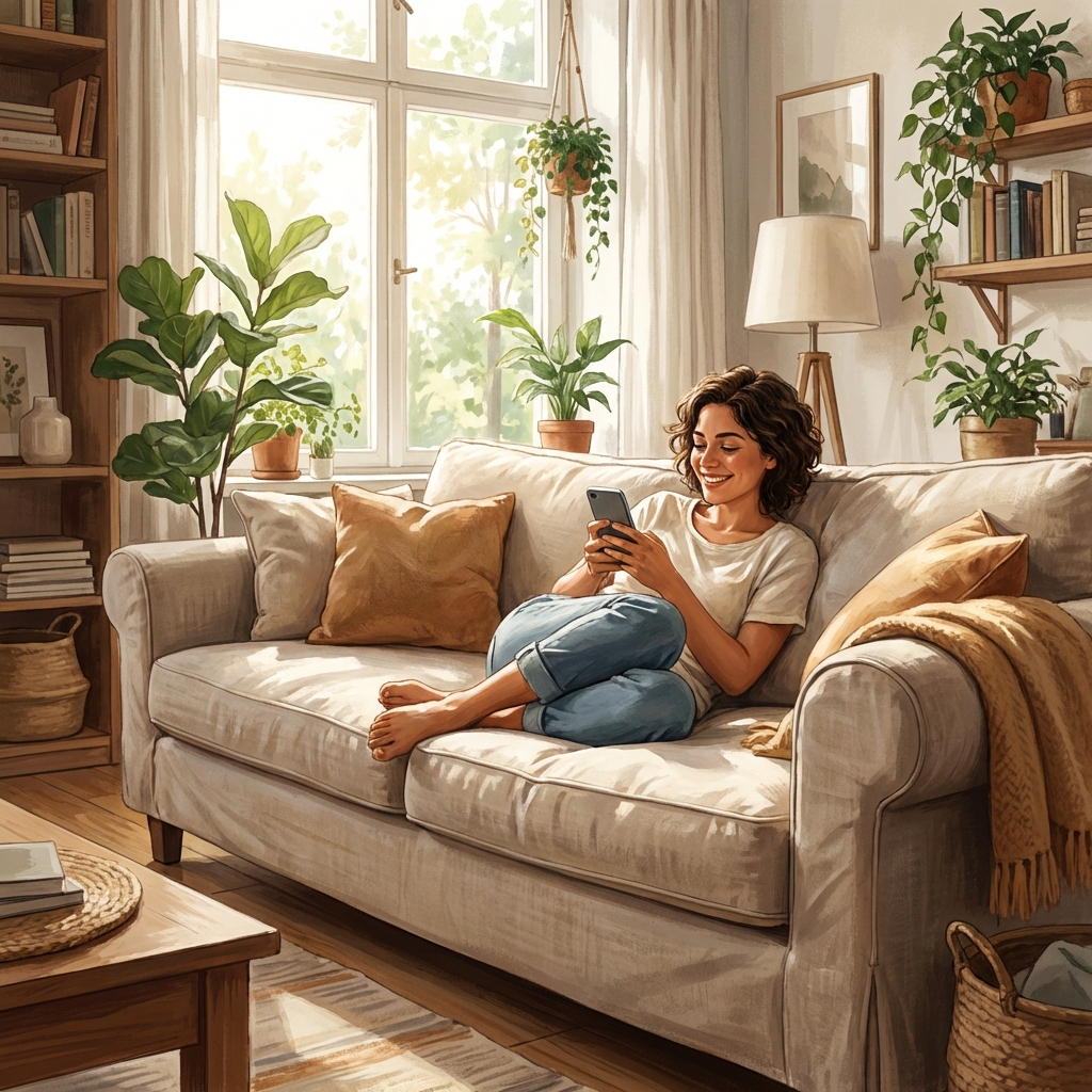 A person sitting comfortably on a sofa, smiling while looking at a smartphone, bright and airy living room, natural lighting, high-quality digital illustration, 1:1 aspect ratio, no visible text