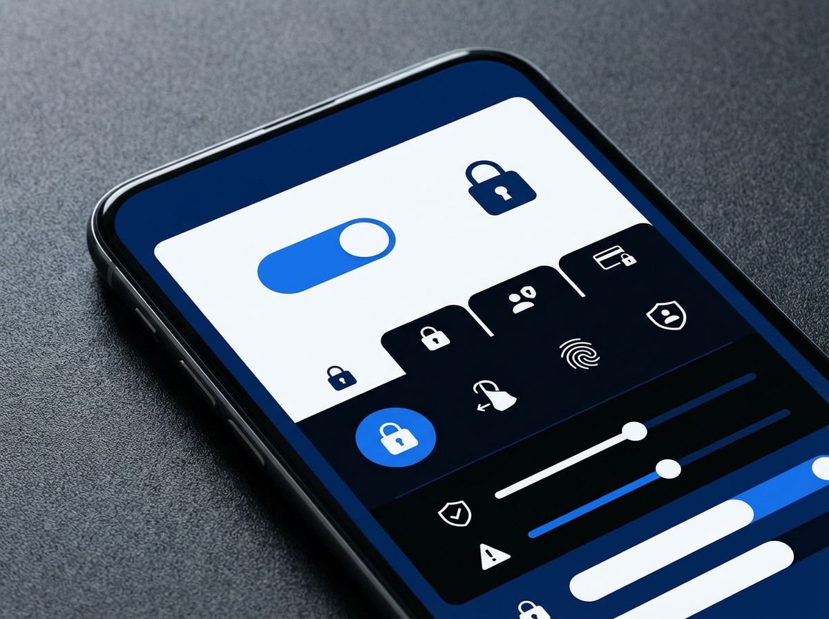Modern smartphone showing a security settings menu with a blue toggle switch, clean flat design style, high contrast, aspect ratio 4:3, no text